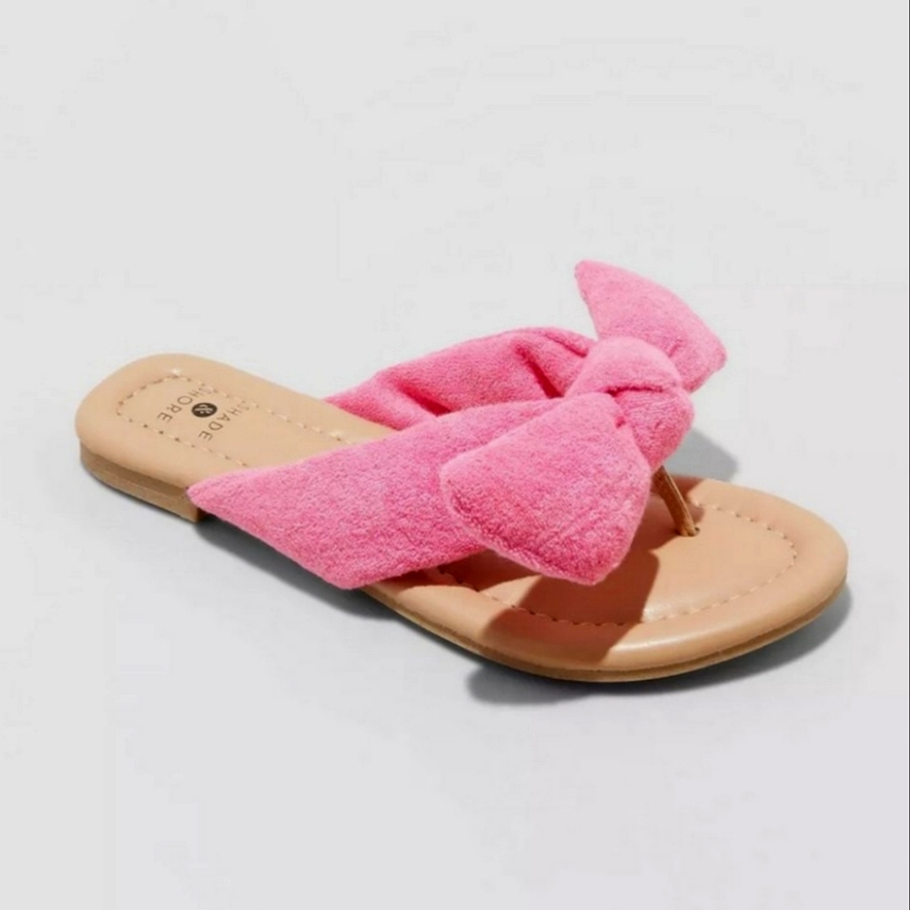 Shade & Shore Tulip Pink Fuzzy Bow Terry Cloth Slide Flip Flop Sandals - Picture 6 of 11